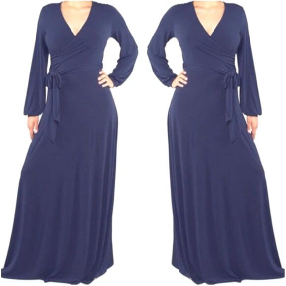 Janette Fashion Navy Bell Long Sleeve Evening Formal Faux Wrap Maxi Dress - Picture 3 of 3